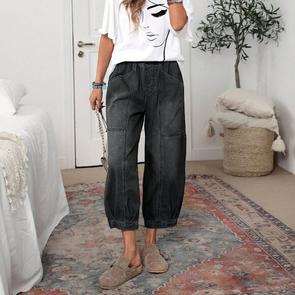 Denim - Black Casual Women's Pocket Tapered Loose Jeans